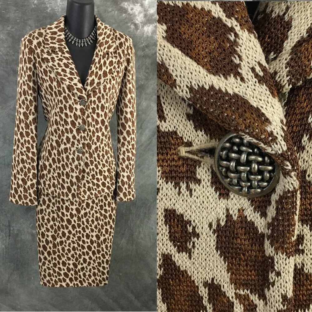 BEAUTIFUL St John collection knit beige brown multi jacket skirt suit size 2 4